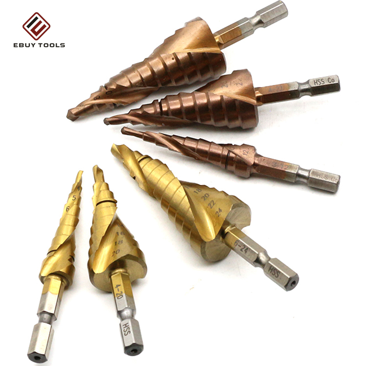 HSS 4241 Degree Spiral Flute Pagoda Titanium Hex Shank Step Drill Bit Cone Set For Metal